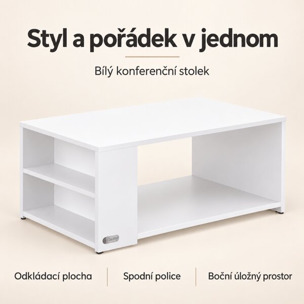 Konferenční stolek 90x60x50 cm, s policemi, bílá