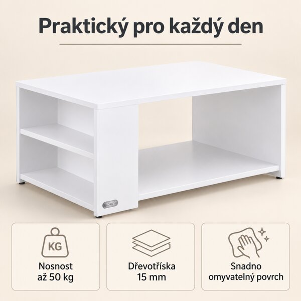 Konferenční stolek 90x60x50 cm, s policemi, bílá