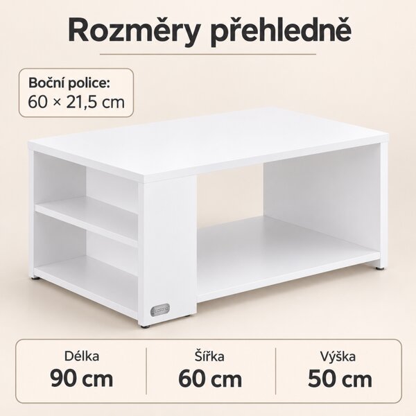 Konferenční stolek 90x60x50 cm, s policemi, bílá