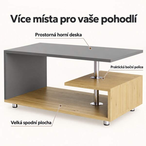 Konferenční stolek, 95x55x50cm, dřevo / šedá