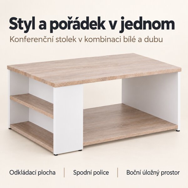 Konferenční stolek 90x60x50 cm, s policemi, bílá / dub