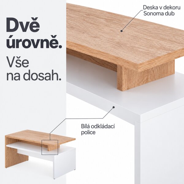Konferenční stolek, 95x55x50cm, bílá / dub sonoma