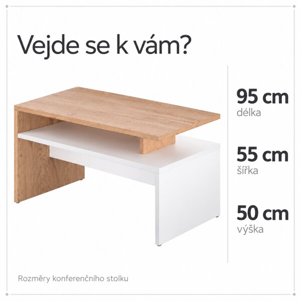 Konferenční stolek, 95x55x50cm, bílá / dub sonoma