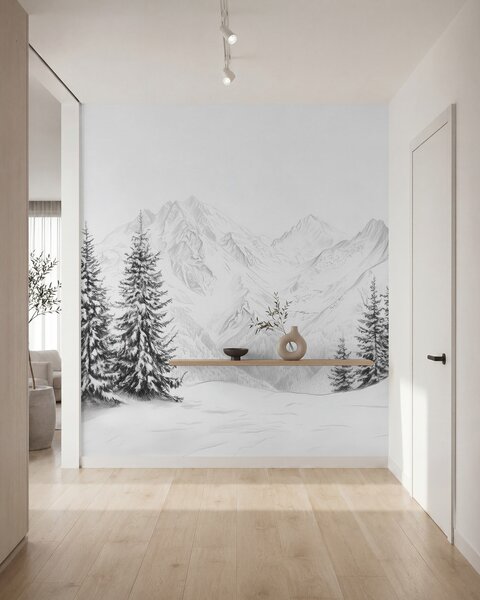 Fototapety Zasněžené hory, kresba tužkou, minimalismus, les, příroda, Fototapety příroda, w02351 : uwalls.cz