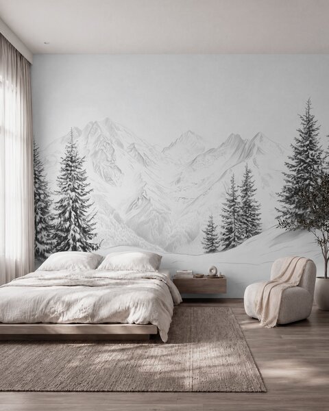 Fototapety Zasněžené hory, kresba tužkou, minimalismus, les, příroda, Fototapety příroda, w02351 : uwalls.cz
