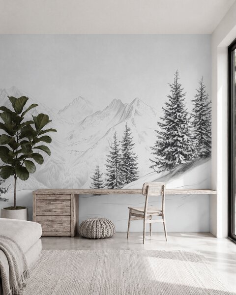 Fototapety Zasněžené hory, kresba tužkou, minimalismus, les, příroda, Fototapety příroda, w02351 : uwalls.cz