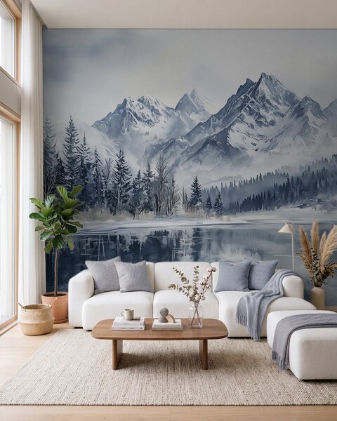 Fototapety Alpy na sněhu, zimní les, zamrzlé jezero, modrá paleta barev , Fototapety příroda, w02358 : uwalls.cz