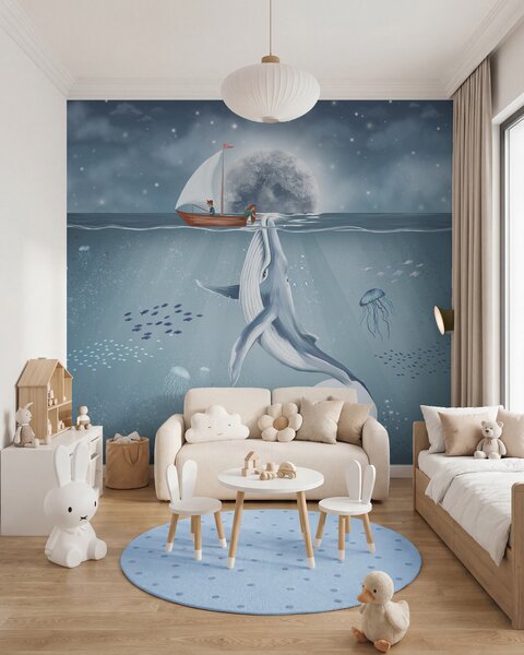 Fototapety Dětský design s velrybou, měsícem a lodí s dětmi, Fototapety dětské, w02476 : uwalls.cz