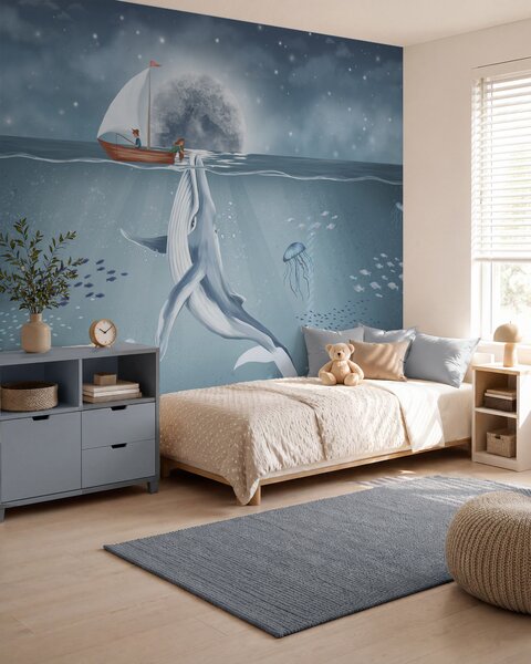 Fototapety Dětský design s velrybou, měsícem a lodí s dětmi, Fototapety dětské, w02476 : uwalls.cz