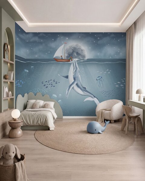 Fototapety Dětský design s velrybou, měsícem a lodí s dětmi, Fototapety dětské, w02476 : uwalls.cz