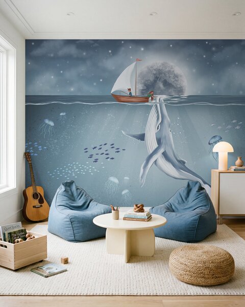 Fototapety Dětský design s velrybou, měsícem a lodí s dětmi, Fototapety dětské, w02476 : uwalls.cz