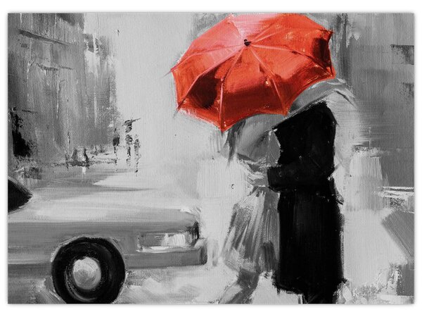 Obraz - Zamilovaný pár pod deštníkem, červený (70x50 cm)