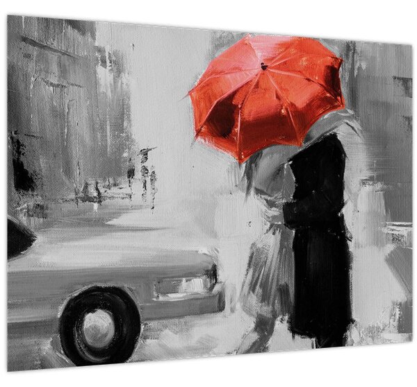 Obraz - Zamilovaný pár pod deštníkem, červený (70x50 cm)