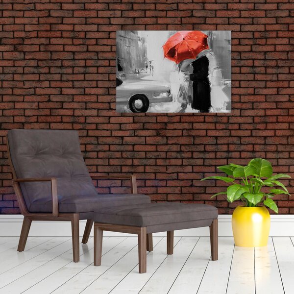 Obraz - Zamilovaný pár pod deštníkem, červený (70x50 cm)