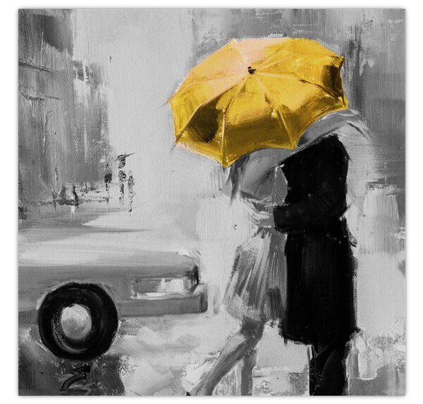 Obraz - Zamilovaný pár pod deštníkem, žlutý (30x30 cm)