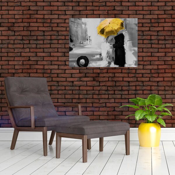 Obraz - Zamilovaný pár pod deštníkem, žlutý (70x50 cm)