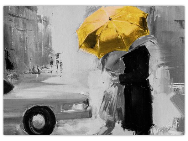 Obraz - Zamilovaný pár pod deštníkem, žlutý (70x50 cm)
