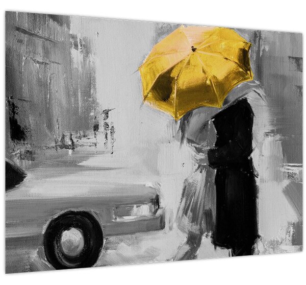 Obraz - Zamilovaný pár pod deštníkem, žlutý (70x50 cm)