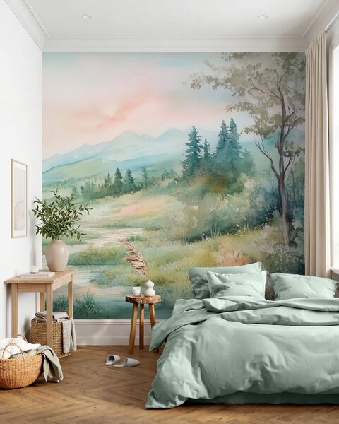 Fototapety akvarelová krajina s cestou a horami, Fototapety akvarel, w02764 : uwalls.cz