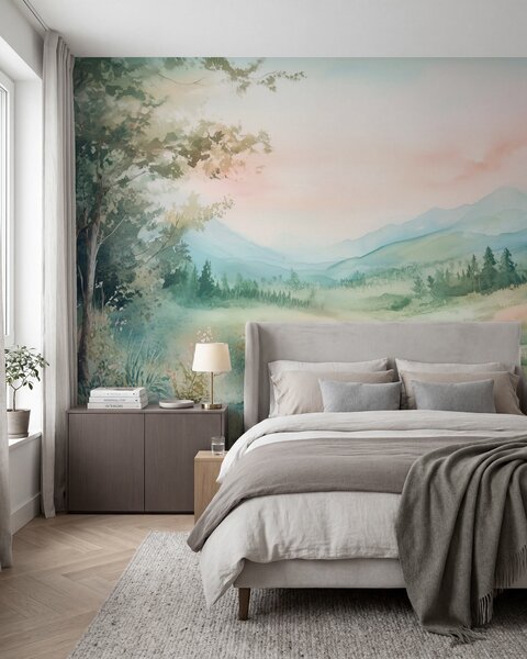 Fototapety akvarelová krajina s cestou a horami, Fototapety akvarel, w02764 : uwalls.cz