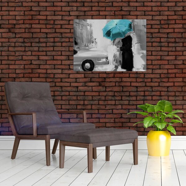 Obraz - Zamilovaný pár s deštníkem, modrý (70x50 cm)