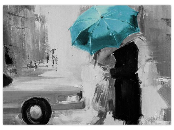 Obraz - Zamilovaný pár s deštníkem, modrý (70x50 cm)