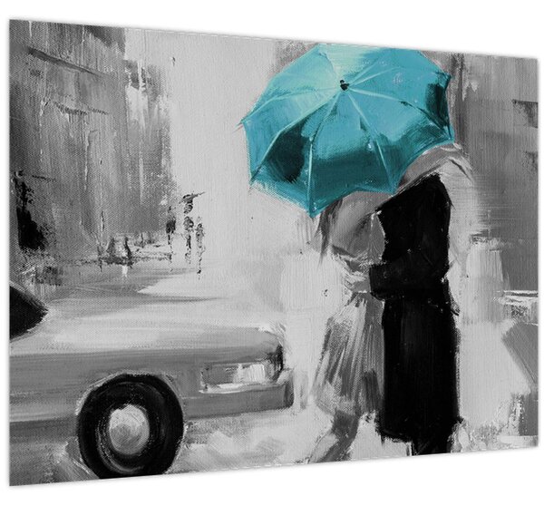 Obraz - Zamilovaný pár s deštníkem, modrý (70x50 cm)