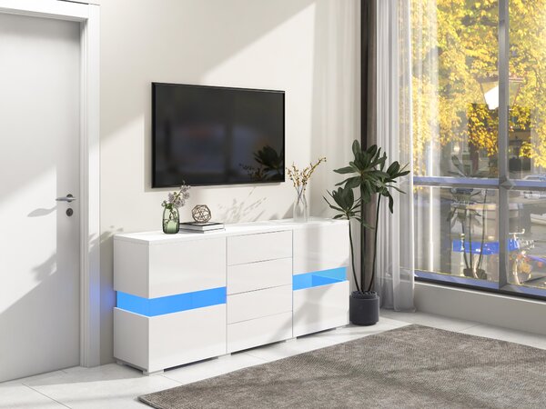 Bílý, lesklý komoda, LED osvětlení (16 barev), úložný prostor, moderní design