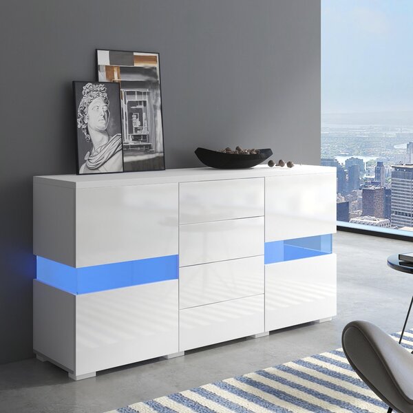 Bílý, lesklý komoda, LED osvětlení (16 barev), úložný prostor, moderní design
