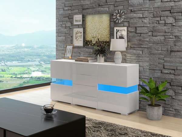 Bílý, lesklý komoda, LED osvětlení (16 barev), úložný prostor, moderní design