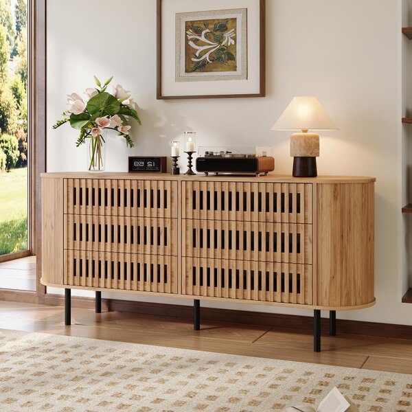 Komoda, přírodní dřevo, 6 zásuvek, design s lamely, MDF, kovové nohy