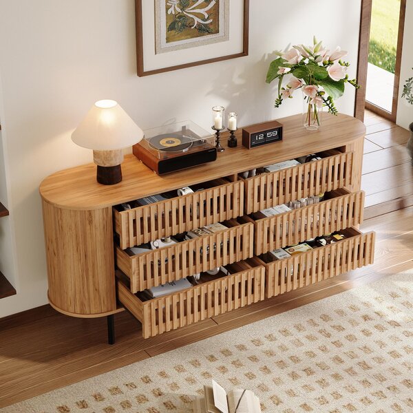 Komoda, přírodní dřevo, 6 zásuvek, design s lamely, MDF, kovové nohy