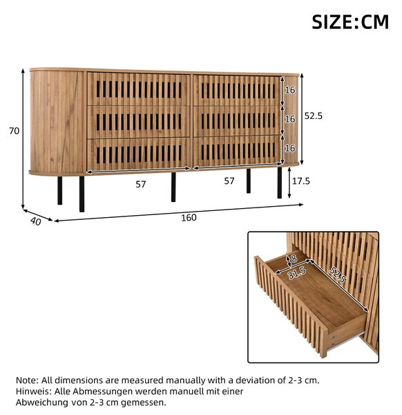 Komoda, přírodní dřevo, 6 zásuvek, design s lamely, MDF, kovové nohy