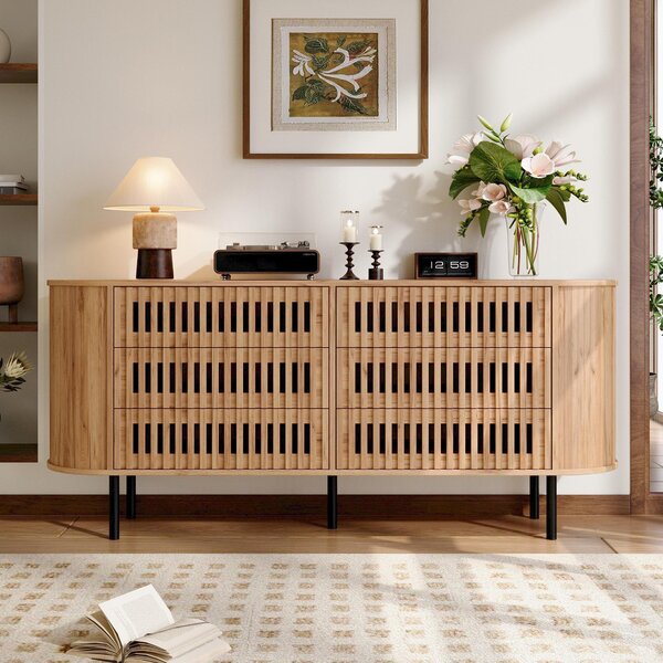 Komoda, přírodní dřevo, 6 zásuvek, design s lamely, MDF, kovové nohy