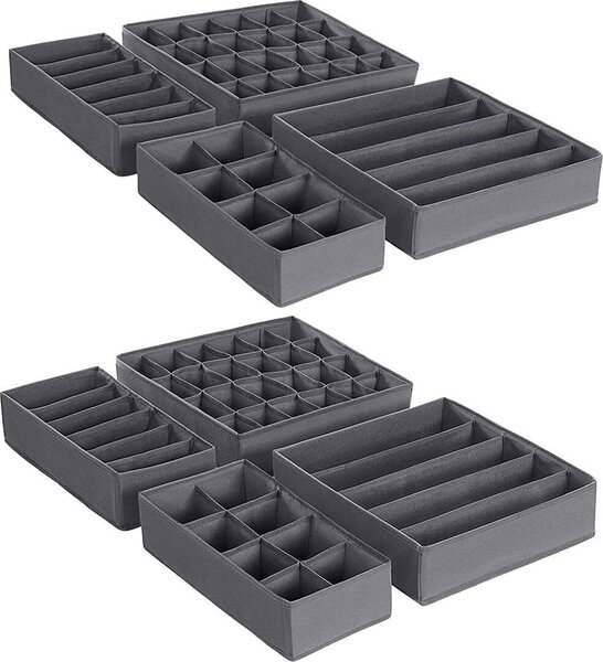 Sada 8 kusů organizérů do zásuvek Rootz – úložné boxy na spodní prádlo – látkové boxy – organizér do skříně – šedá – netkaná textilie – PE deska – lepenka – 32 cm x 32 cm x 10 cm