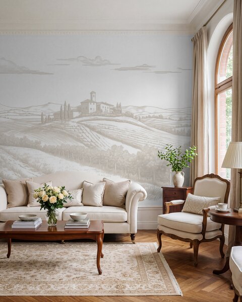 Fototapety Toskánsko krajina, Itálie, vinice, příroda, starý hrad, béžové barvy, Fototapety provance, w03349 : uwalls.cz