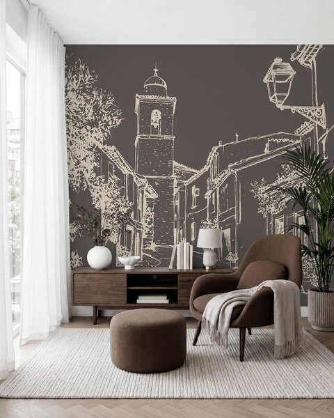 Fototapety Městská ulice, krásná architektura, budovy, Středomoří, kresba, tmavá barva, Fototapety provance, w03345v2 : uwalls.cz