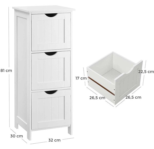 Úložná skříňka Rootz – koupelnová skříňka – komoda – 3 zásuvky – bílá – stojací skříňka – MDF – 32 x 30 x 81 cm