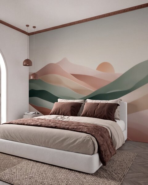Fototapety Abstraktní pouštní krajina v pastelově zeleno-růžové barevné škále, minimalismus, Tapety Unikátní, w09860 : uwalls.cz