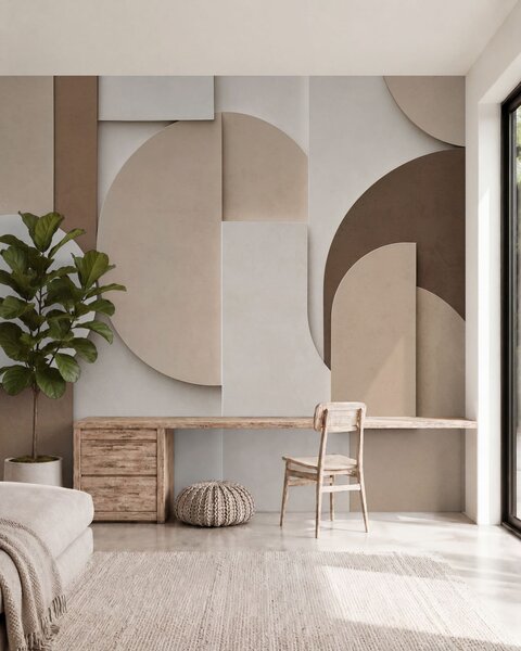 Fototapety Texturované béžové geometrické tvary ve vrstvené 3D kompozici, minimalistická moderní nástěnná, Fototapety geometrie, w05598 : uwalls.cz