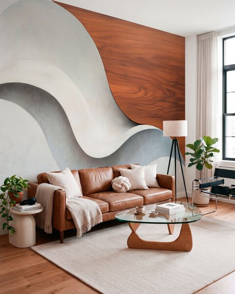 Fototapety Plynulé abstraktní vlny s teplými dřevěnými akcenty, minimalistický moderní design, Fototapety moderní, w05599 : uwalls.cz