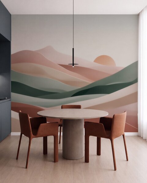 Fototapety Abstraktní pouštní krajina v pastelově zeleno-růžové barevné škále, minimalismus, Tapety Unikátní, w09860 : uwalls.cz
