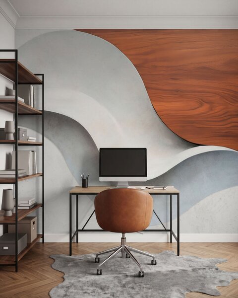 Fototapety Plynulé abstraktní vlny s teplými dřevěnými akcenty, minimalistický moderní design, Fototapety moderní, w05599 : uwalls.cz