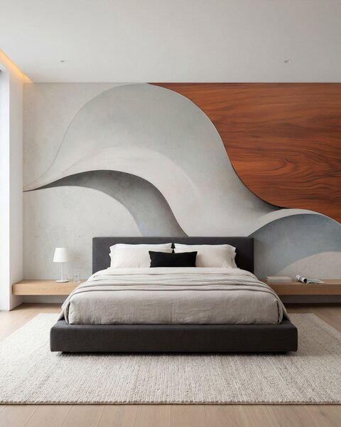 Fototapety Plynulé abstraktní vlny s teplými dřevěnými akcenty, minimalistický moderní design, Fototapety moderní, w05599 : uwalls.cz