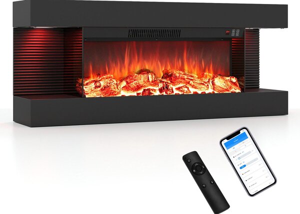 COSTWAY Elektrický krb, 32 palců, třístranný, dekorativní krb s topným výkonem 750W/1500W, nástěnný krb s LED osvětlením, 3D efekt plamenů, 12 barev plamenů a časovač
