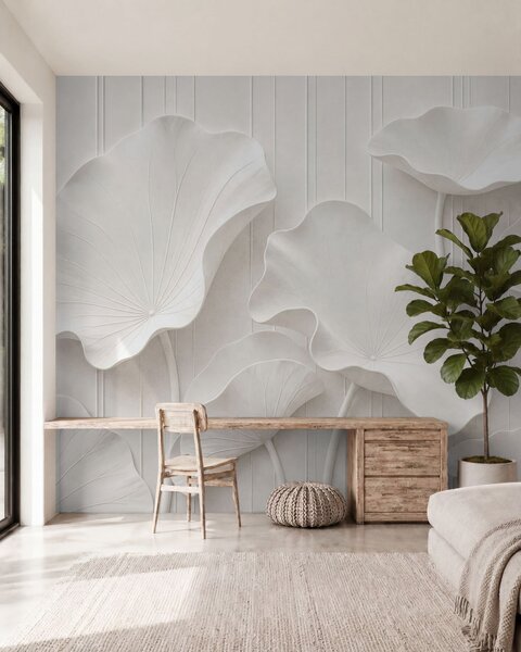 Fototapety Bílý plastický květinový reliéf s vrstvenými okvětními lístky, elegantní 3D nástěnná dekorace, Fototapety 3D, w05604 : uwalls.cz