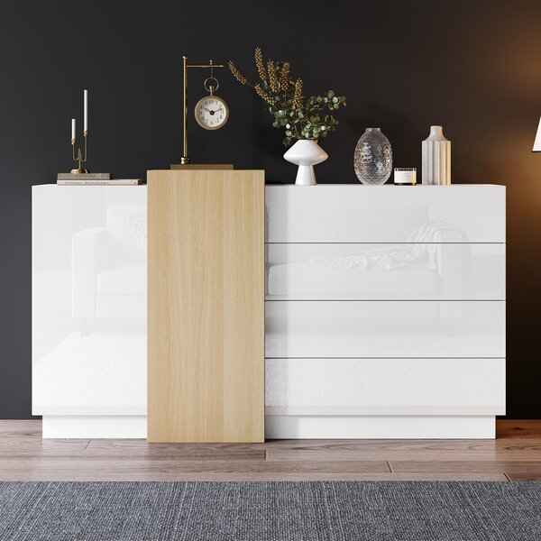 Bílý komoda, skříň do jídelny, minimalistický design, barva dřeva
