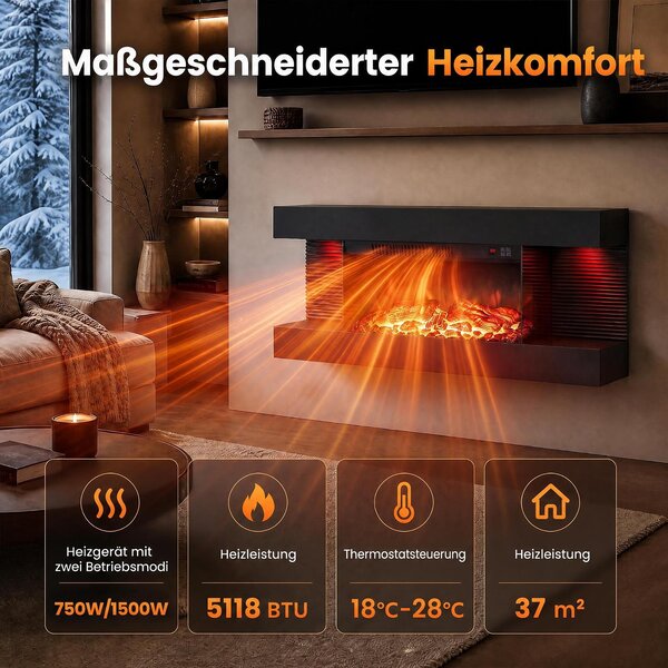 COSTWAY Elektrický krb, 32 palců, třístranný, dekorativní krb s topným výkonem 750W/1500W, nástěnný krb s LED osvětlením, 3D efekt plamenů, 12 barev plamenů a časovač