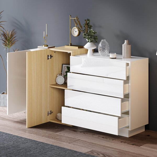 Bílý komoda, skříň do jídelny, minimalistický design, barva dřeva