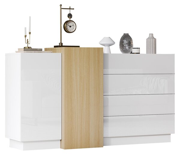 Bílý komoda, skříň do jídelny, minimalistický design, barva dřeva